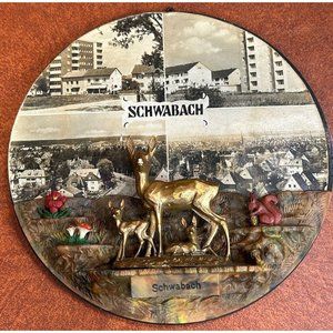 Vintage kitschy Schwabach photo wall hanging deer mushrooms squirrel plaque 3D f